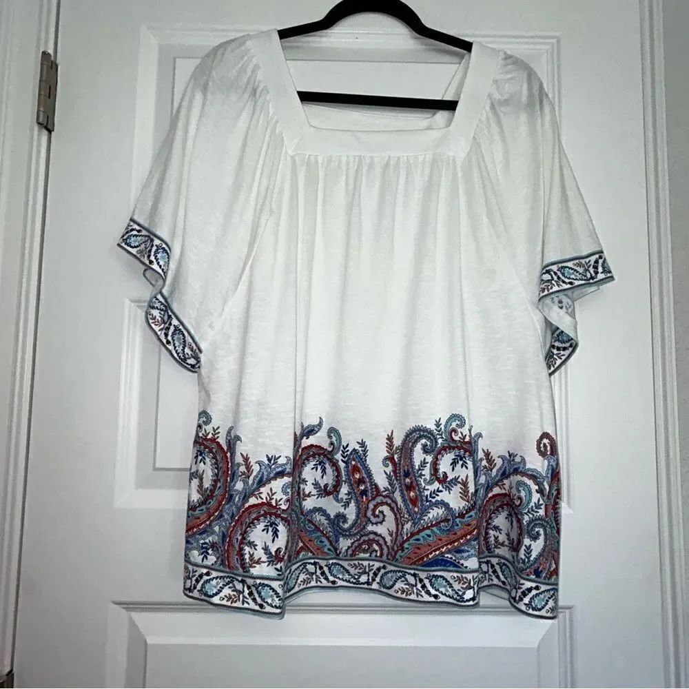 J.Jill Square Neckline Paisley Print Flutter Sleeve Top